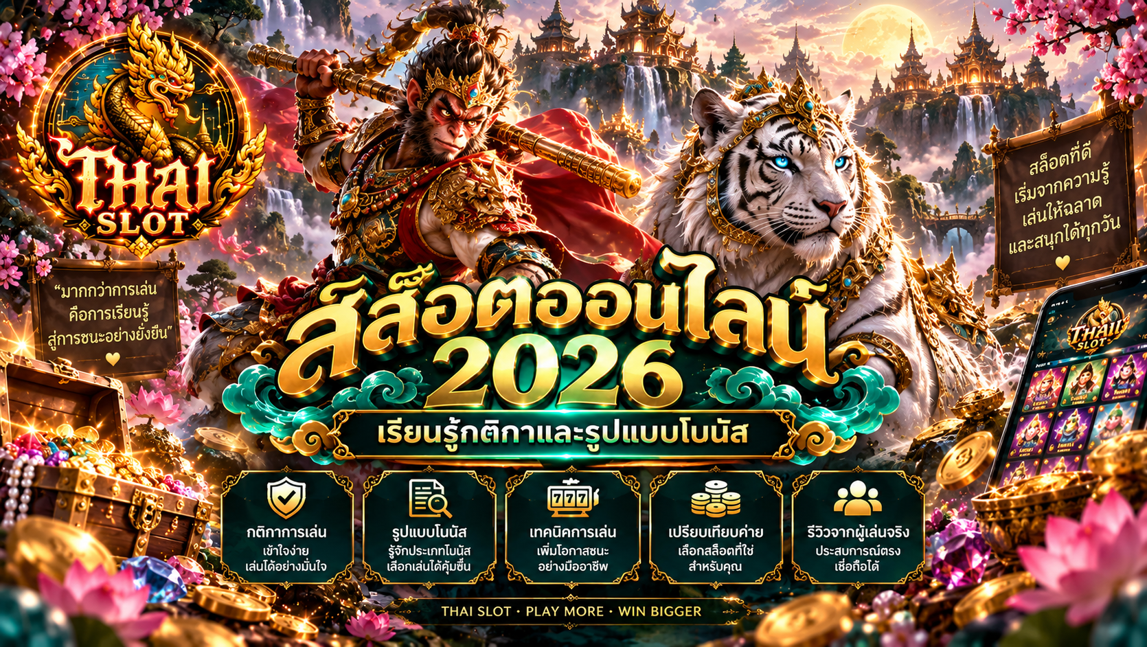 หน้าจอเกมสล็อตสมมติสำหรับอธิบายสัญลักษณ์และกติกา